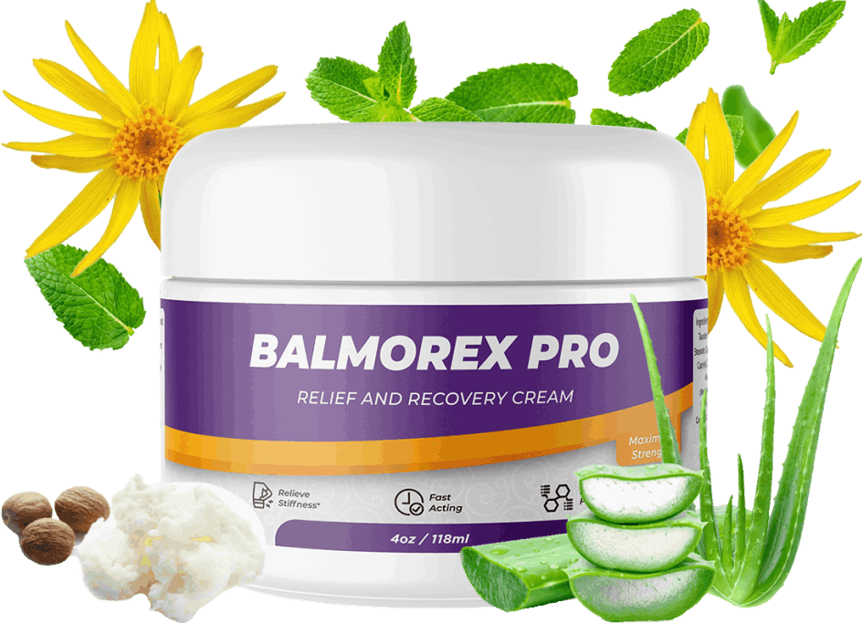 Balmorex Pro pain relief cream with aloe vera, arnica, mint, shea butter, and illustrations of common joint and muscle discomfort