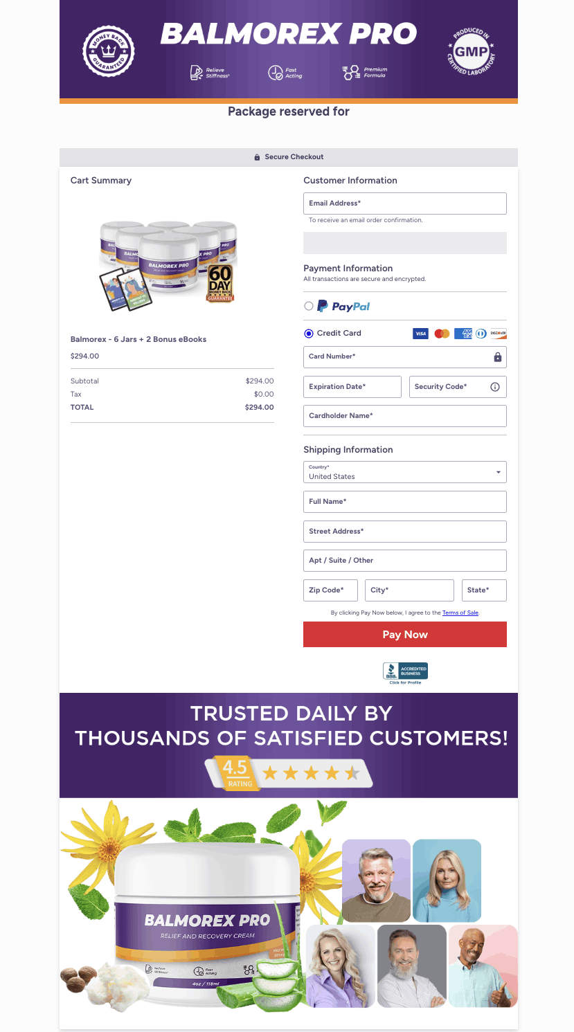 Balmorex Pro official secure checkout page with payment options and order summary