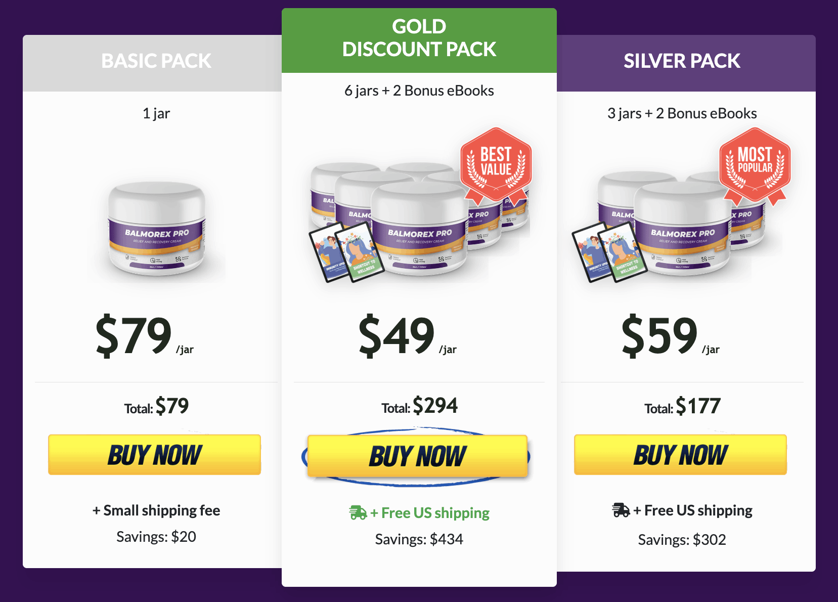 Balmorex Pro pricing table featuring 1-jar, 3-jar, and 6-jar bundles with bonus eBooks, discounts, and free US shipping
